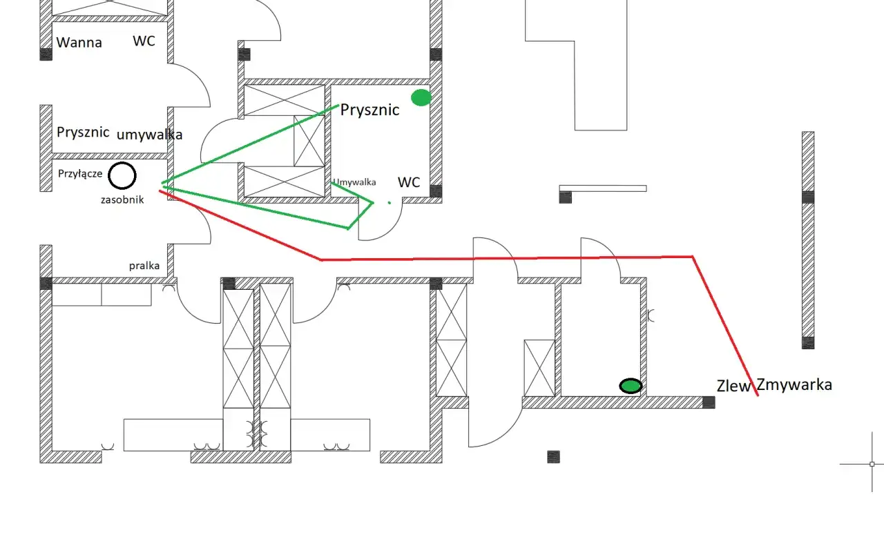 Schemat instalacji kanalizacyjnej z zaznaczonymi przyłączami i odpływami. Widoczne są przyłącza prysznica, umywalki, pralki, zlewu zmywarki oraz toalety. Określono średnice rur kanalizacyjnych.