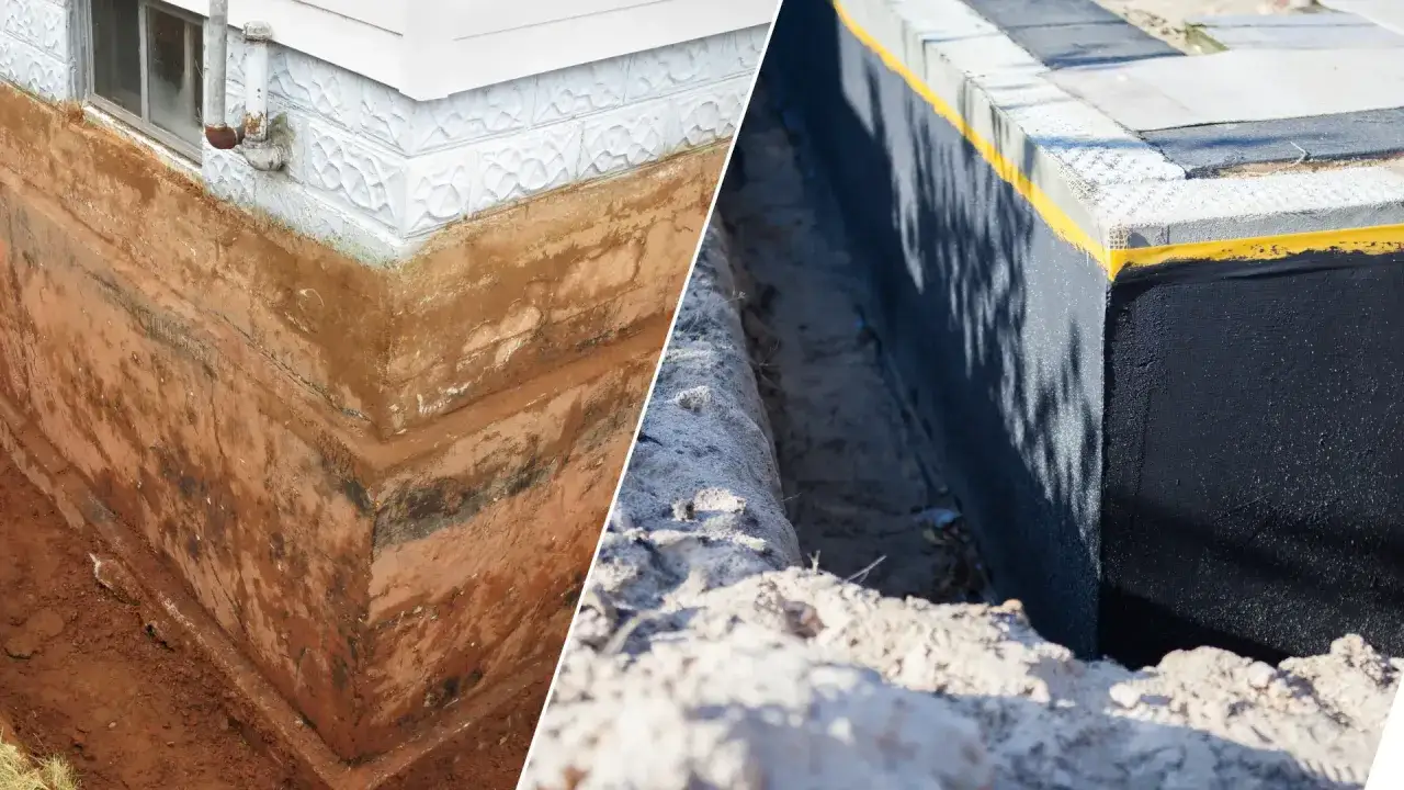 Przed i po: fundament domu z widoczną warstwą izolacyjną, chroniącą przed wilgocią. Folia fundamentowa zapewnia suchość.